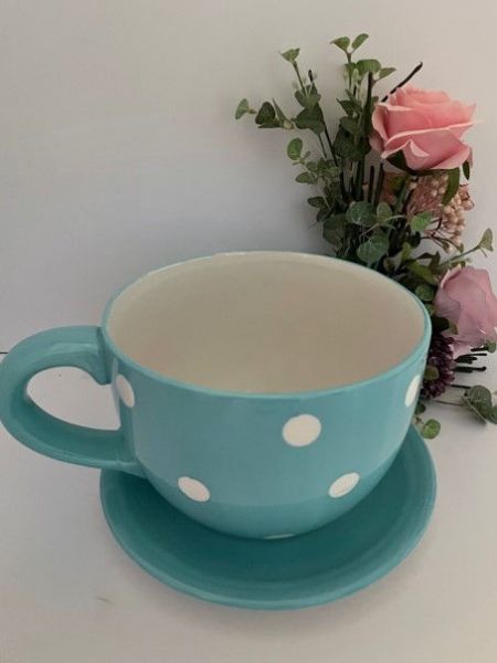 Picture of Tea Cup Planter Aqua & White Spot