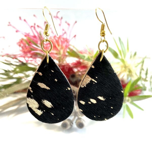 Picture of Tanzania Cowhide Teardrop Earrings Black & Gold